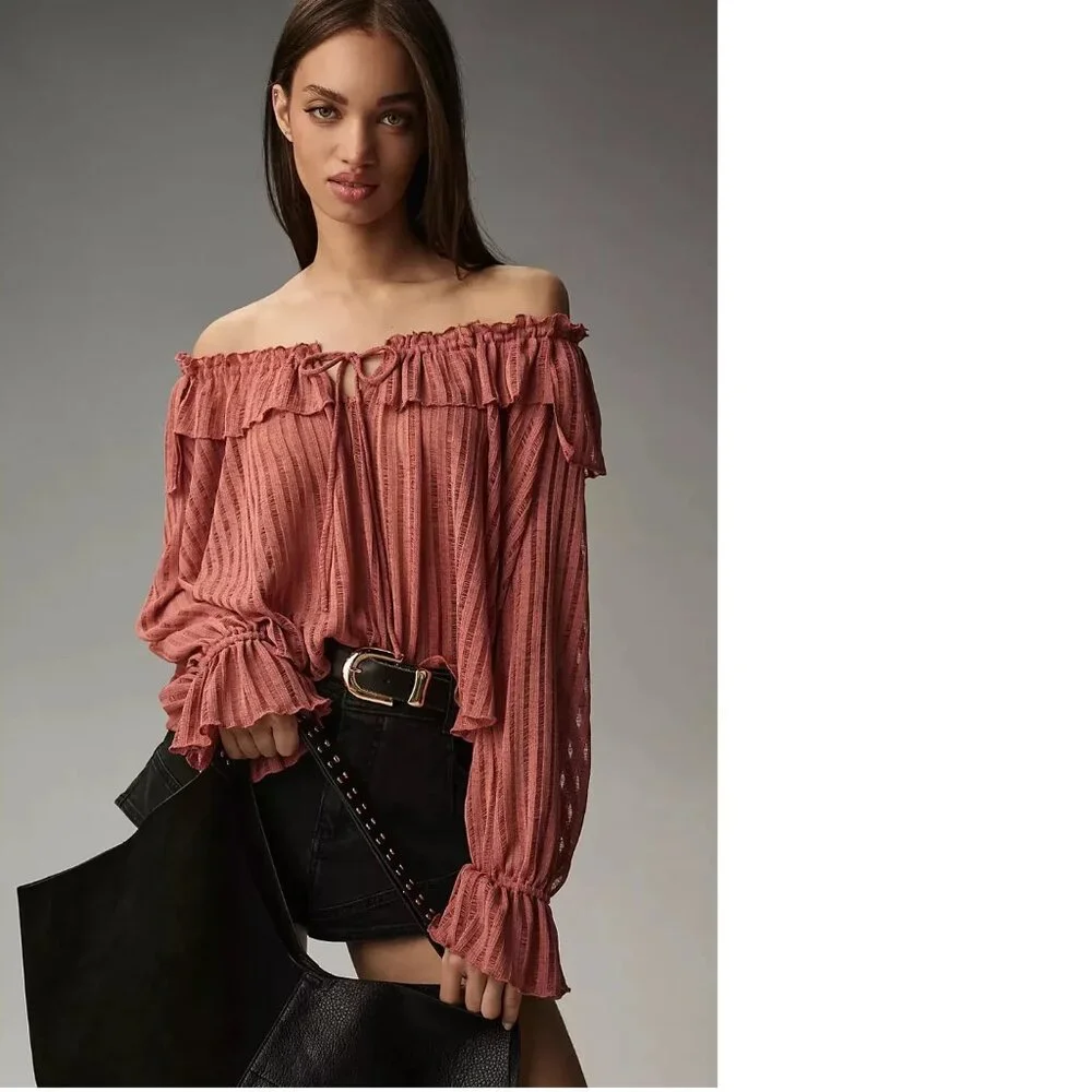 By Anthropologie Long-Sleeve Sheer Striped Crop Blouse top nwt new with tag - Picture 1 of 7